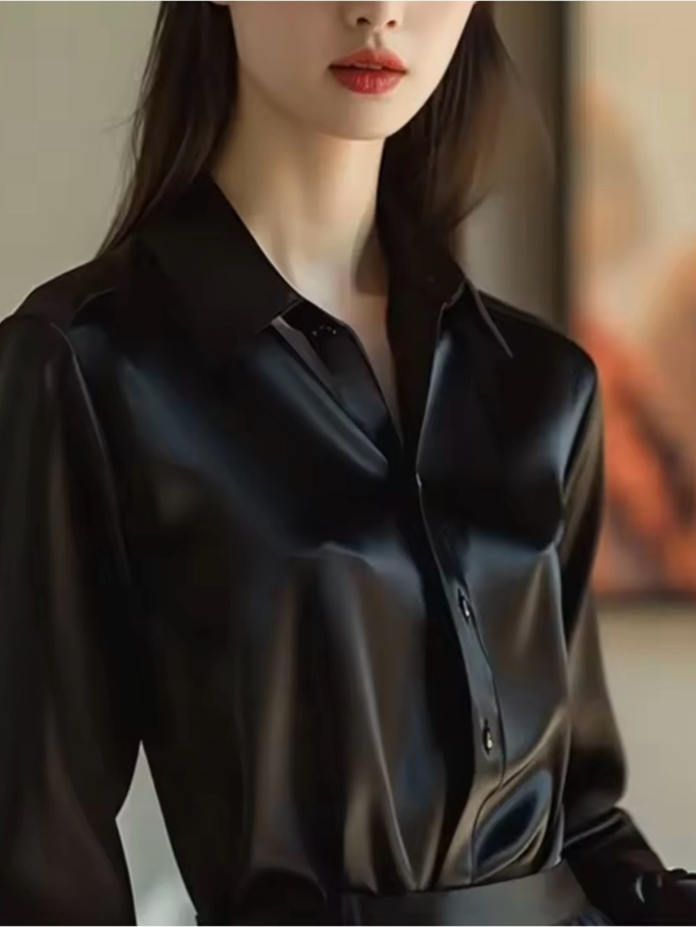 Classic Black Satin Button-Down Blouse